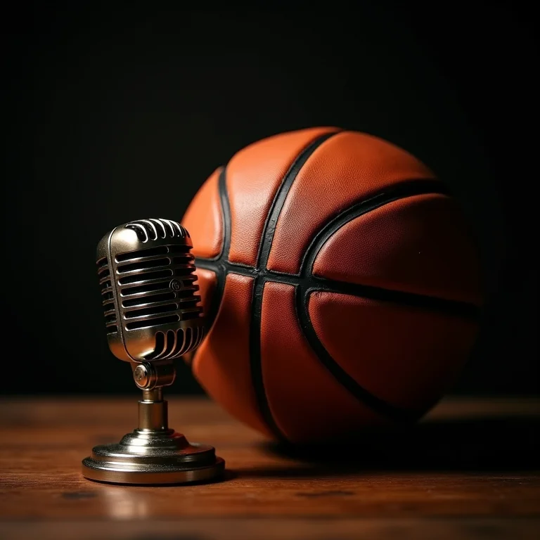 Uma bola de basquete vintage e um microfone antigo.