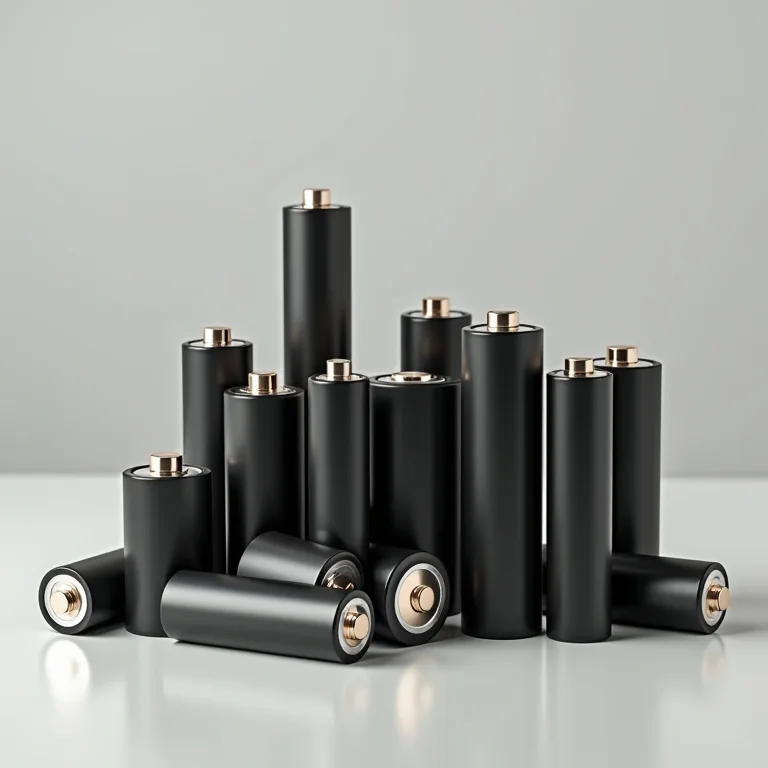 Variedade de pilhas alcalinas e de zinco-carbono, representando os tipos mais comuns de pilhas.