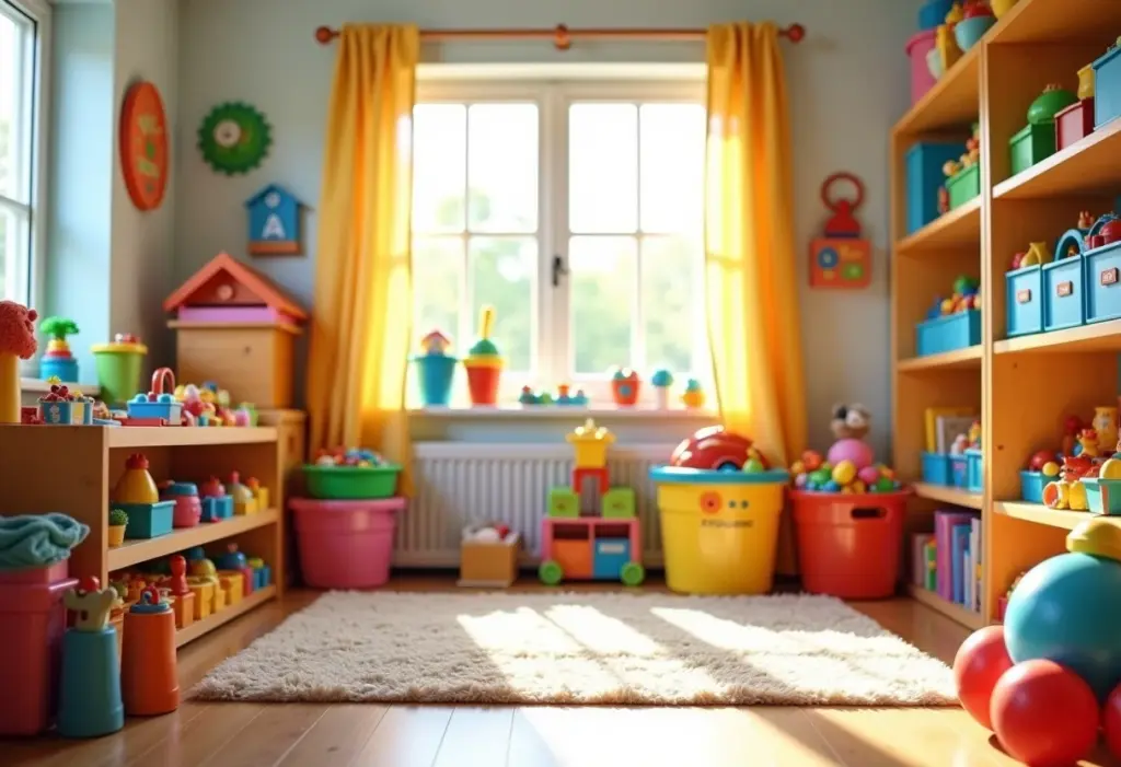 Visão geral de um quarto de brinquedos organizado, com foco na harmonia entre a diversão e a ordem.