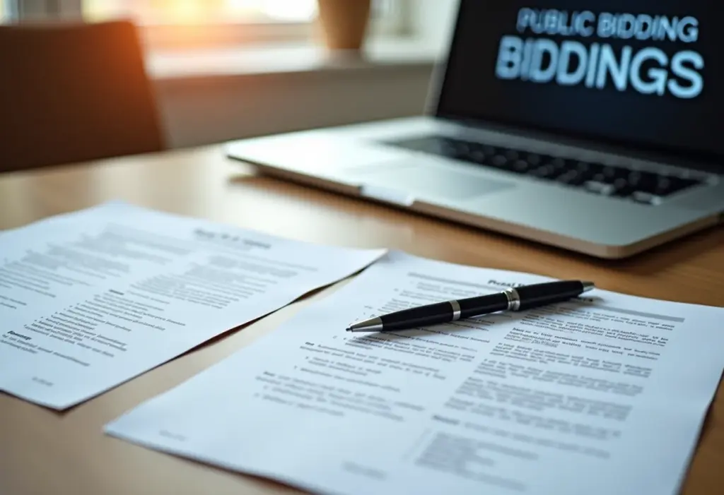 Visão geral de uma mesa organizada com documentos de licitação e um laptop.