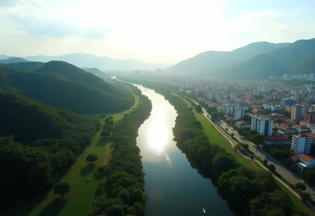 Boa Vista: Roteiro imperdível com 7 atrações secretas Vista aérea de Boa Vista, com o rio serpenteando pela cidade.