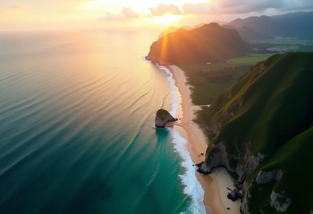 Vista aérea deslumbrante das praias de Pipa e Tibau do Sul ao pôr do sol