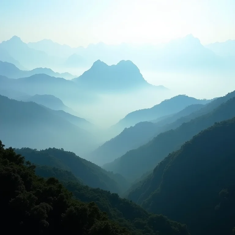 Vista panorâmica da Serra da Beleza, Rio de Janeiro, com névoa mística
