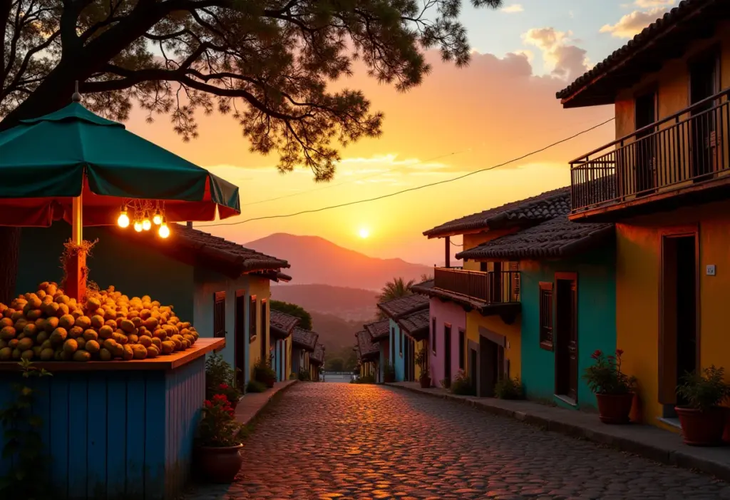 Vista panorâmica do Alto da Sé em Olinda ao pôr do sol com um carrinho de tapioca em primeiro plano.