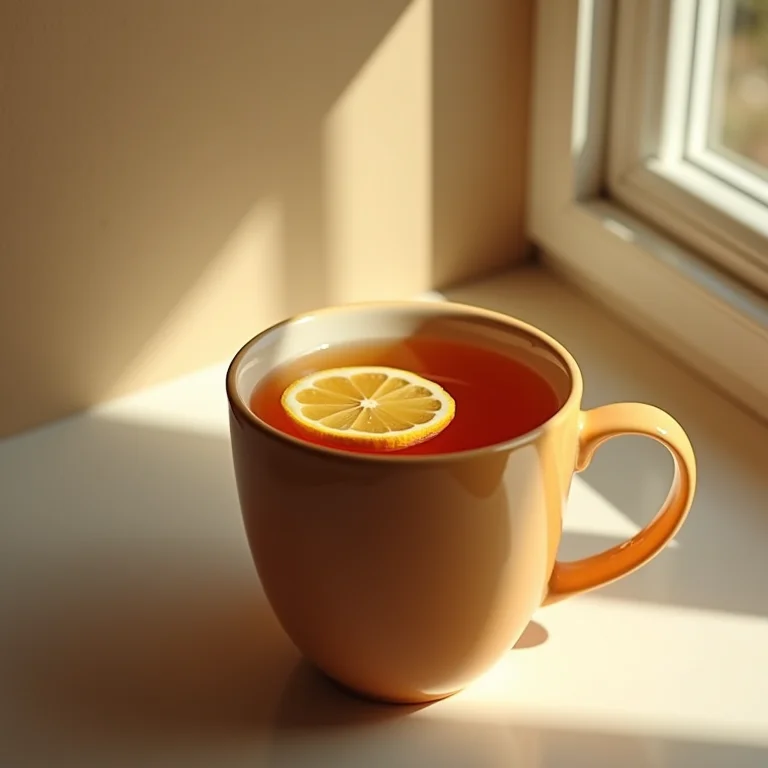 Xícara de chá de Espinheira Santa com uma rodela de gengibre.