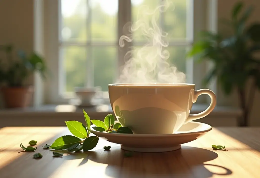 Chá de Espinheira Santa: 3 receitas caseiras para alívio imediato Xícara de chá de Espinheira Santa fumegante com folhas frescas ao redor.