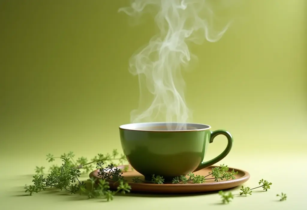 Xícara fumegante de chá de cavalinha com ervas ao redor.