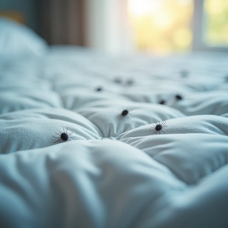 Ácaros visíveis em colchão sob luz forte