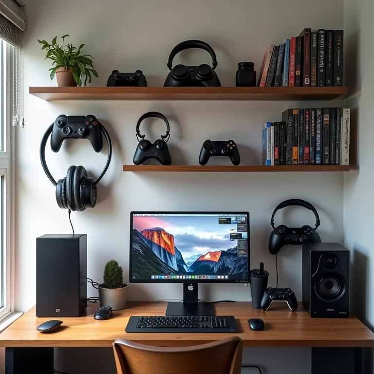 Acessórios de jogos organizados utilizando soluções de armazenamento vertical.