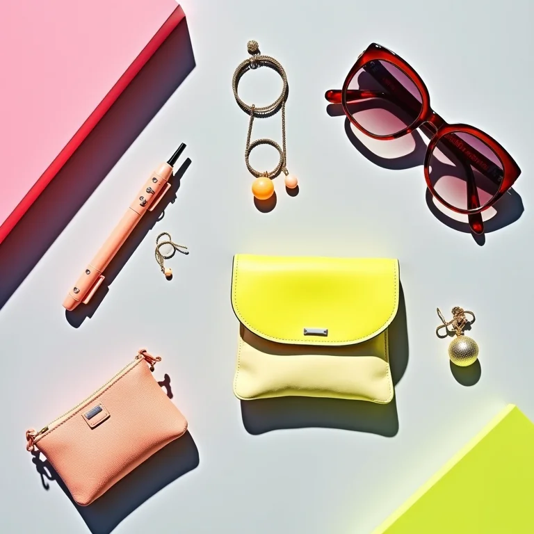Acessórios neon dispostos em um flat lay editorial