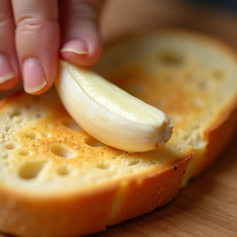 Alho sendo esfregado em pão torrado para bruschetta