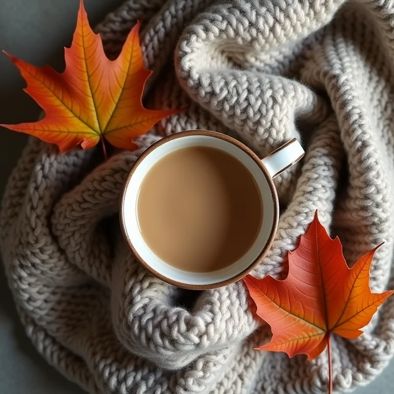 Ambiente aconchegante com cobertor, bebida quente e folhas secas