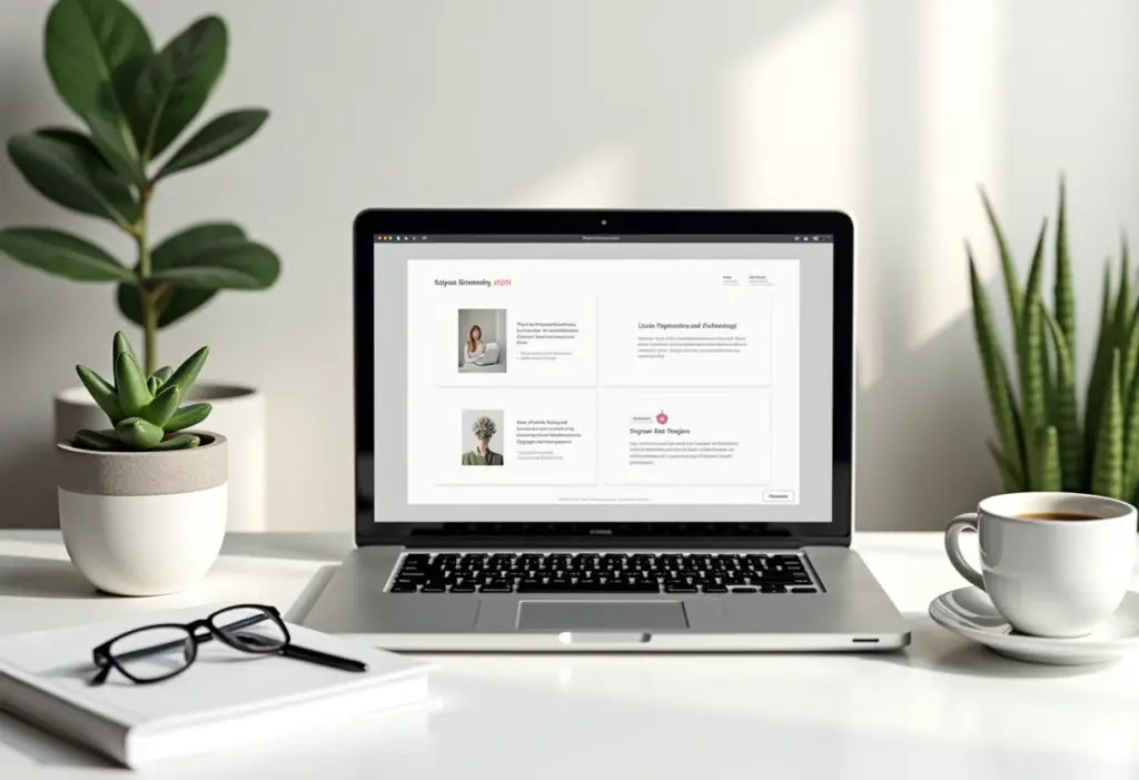 Ambiente de trabalho minimalista com laptop mostrando apresentação de branding