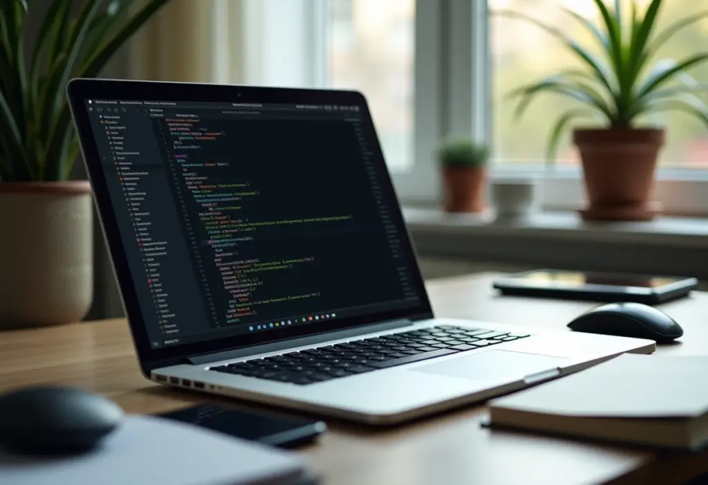 Ambiente de trabalho minimalista com laptop mostrando código e acessórios de tecnologia