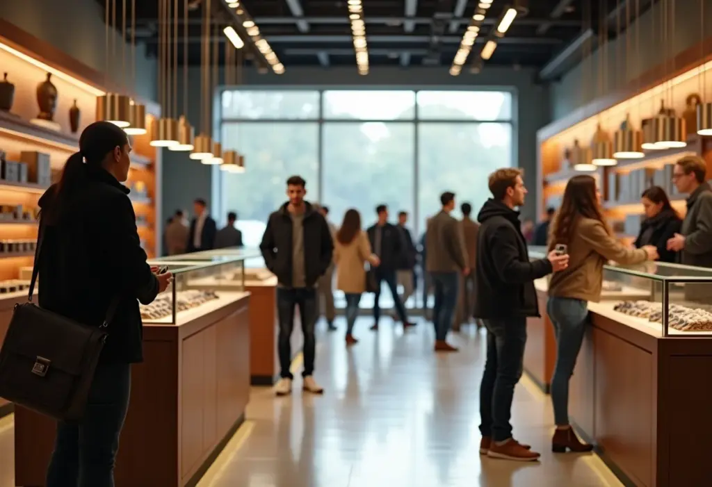 Ambiente movimentado de loja de varejo com clientes diversos.