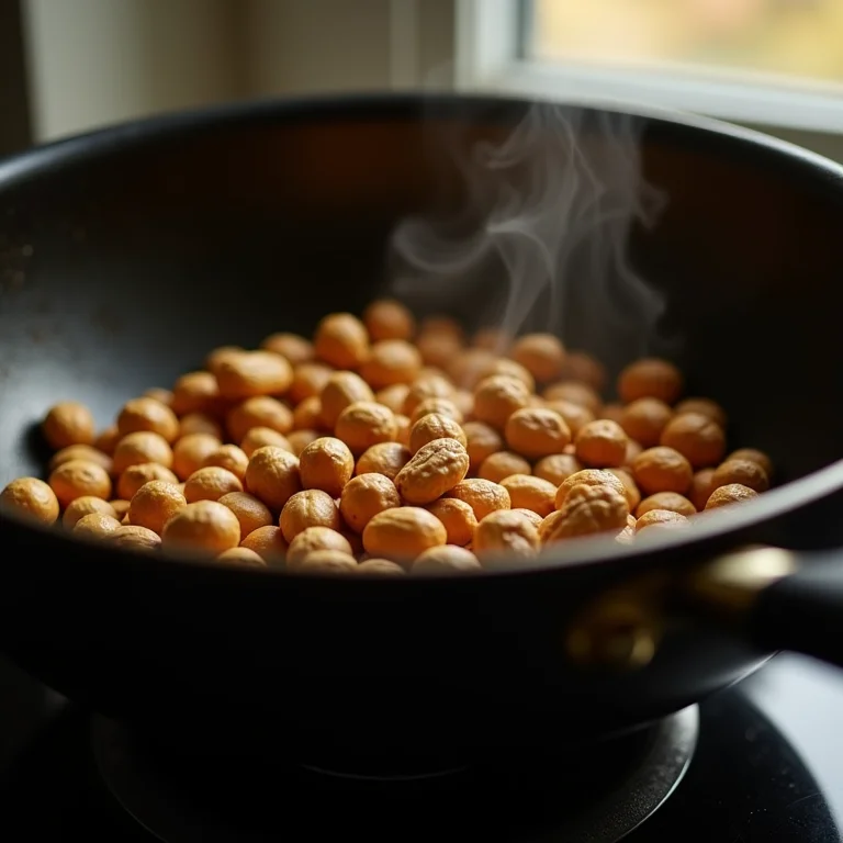 Amendoim sendo torrado em uma panela para a receita.