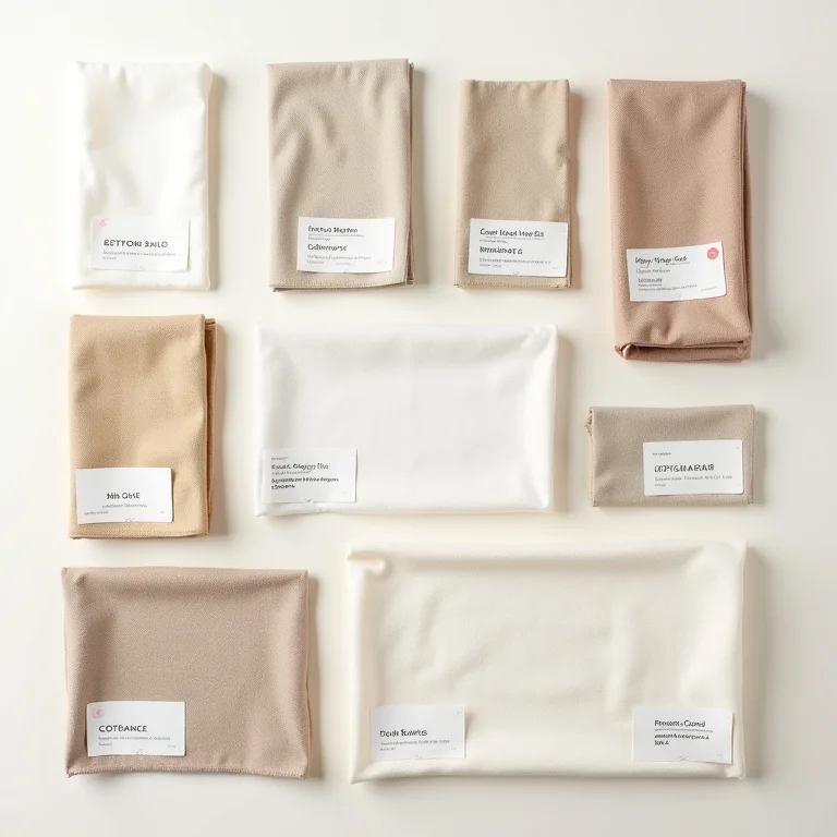 Amostras de tecido com etiquetas indicando suas propriedades