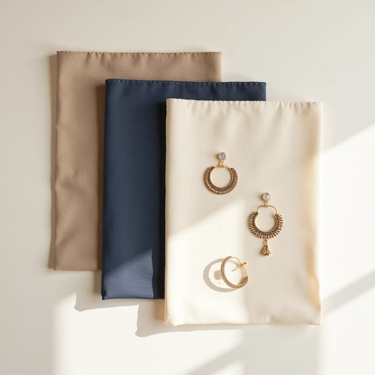 Amostras de tecidos em tons neutros com joias clássicas.