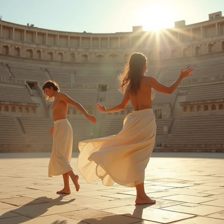 Anfiteatro grego com dançarinos praticando teatro físico
