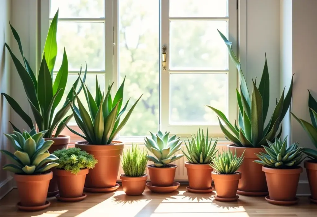 Apartamento iluminado repleto de suculentas em vasos de terracota.