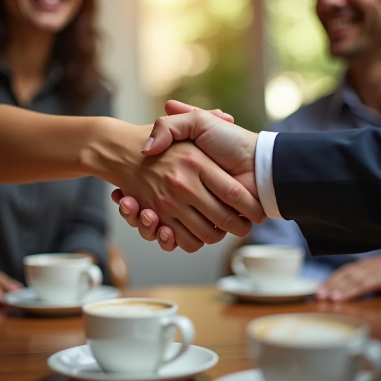 Aperto de mãos durante um café da manhã de negócios.