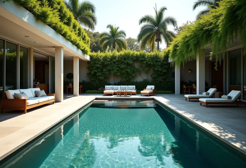 Área de lazer ampla com design moderno e piscina convidativa