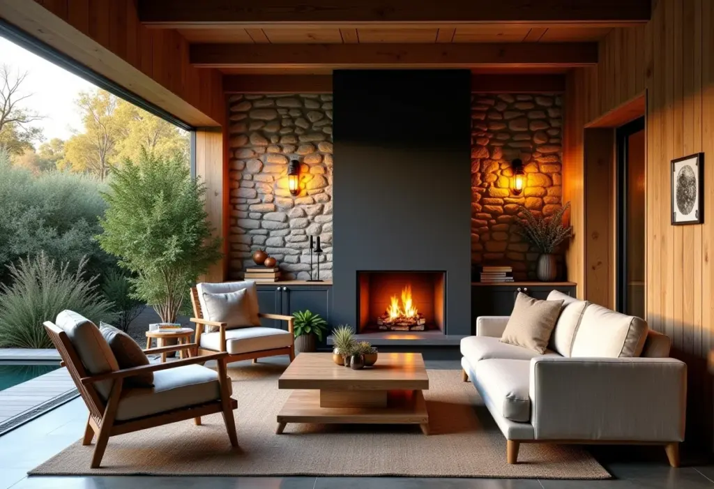 Área de lazer com fogão a lenha bem decorada