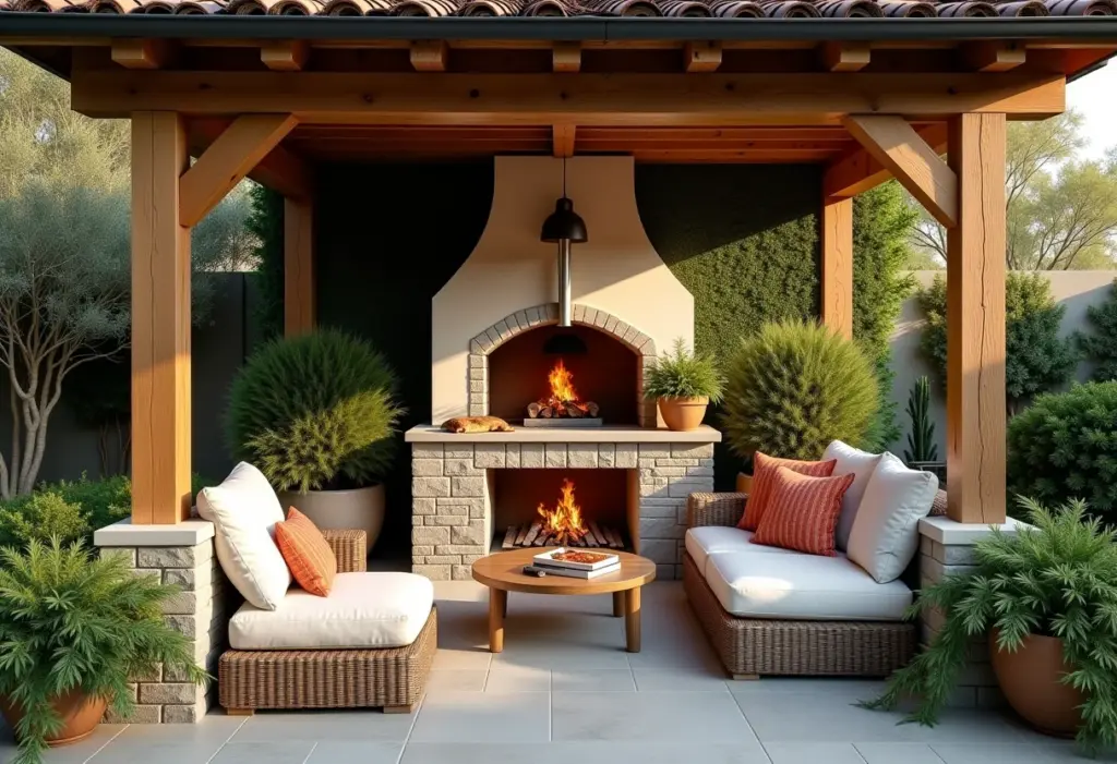 Área de lazer externa com forno de pizza.