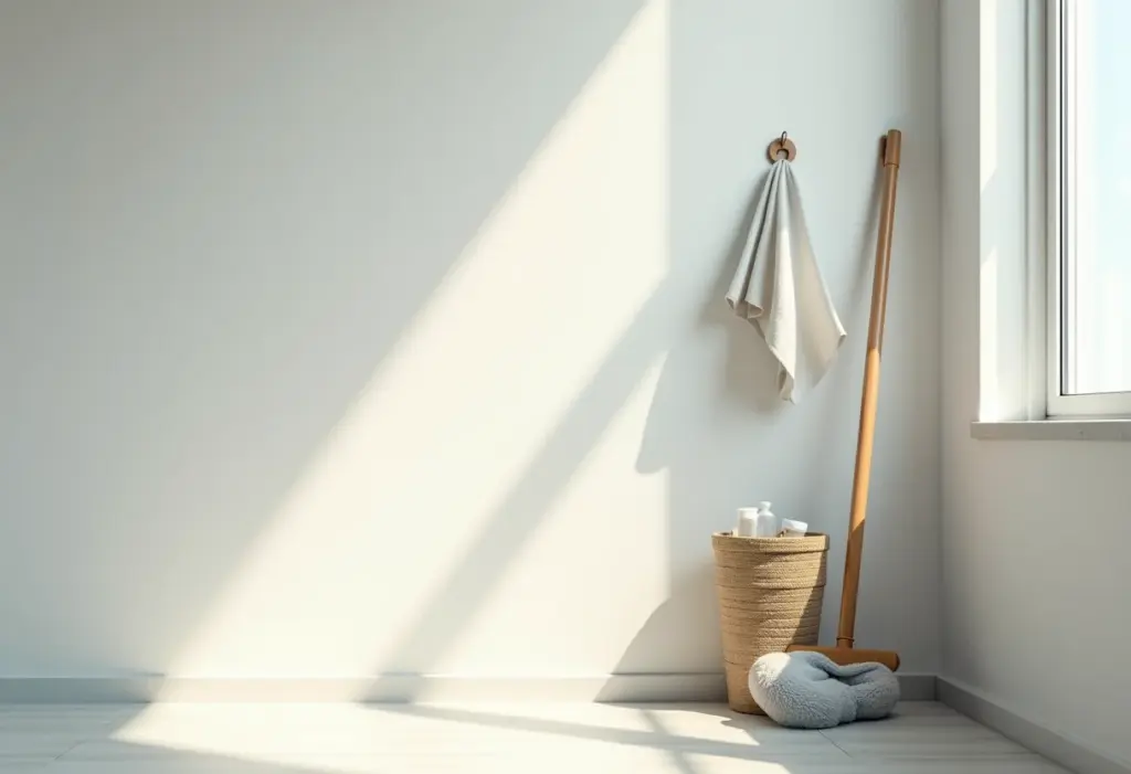 Área de serviço impecável com rodo organizado.