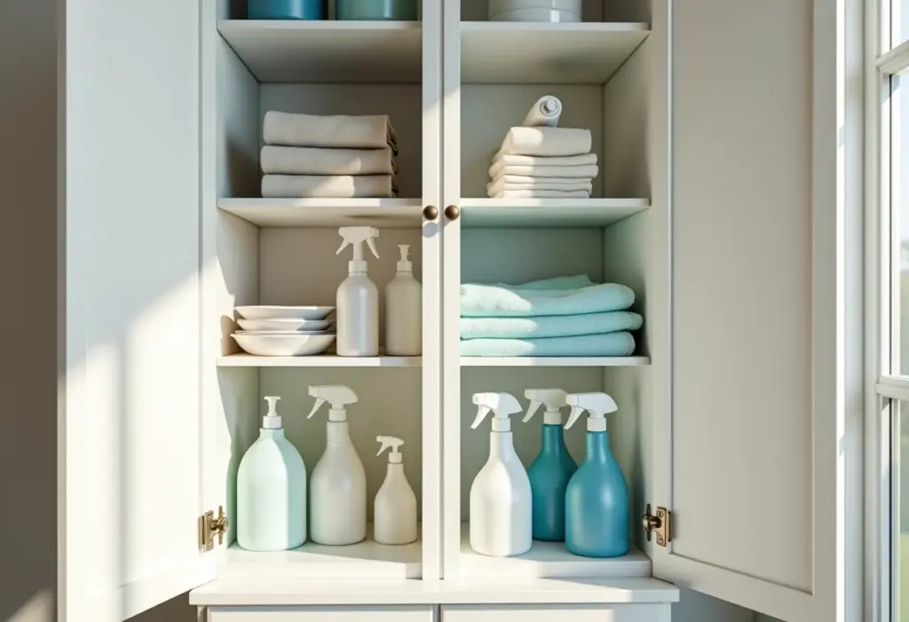 Armário de limpeza organizado com produtos à mão