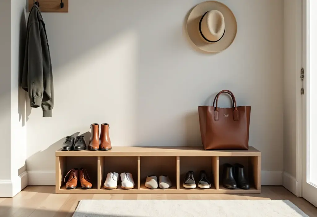 Armário de sapatos banco organizado em uma entrada minimalista.