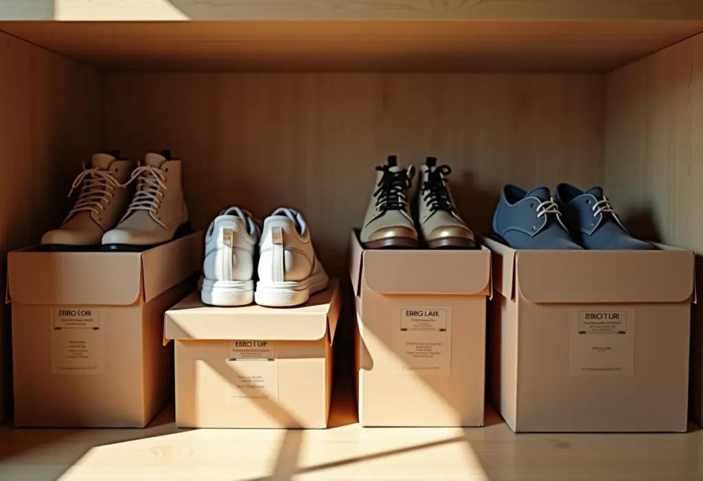 Armário de sapatos organizado com caixas identificadas
