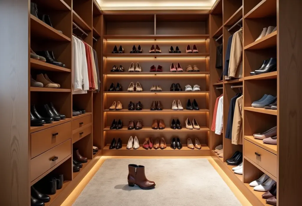 Armário de sapatos organizado por cor e estilo