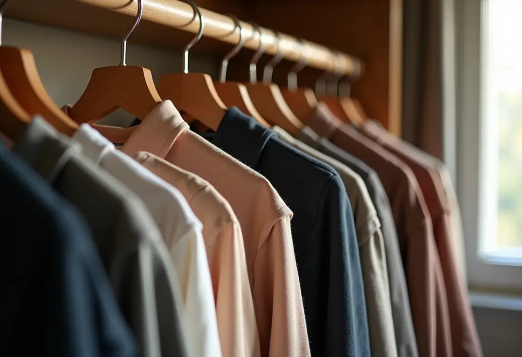 Armário organizado com cabides de veludo.