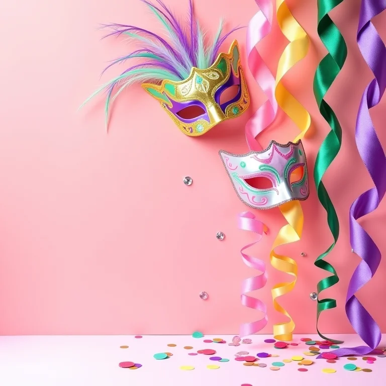 Arranjo de objetos decorativos de carnaval em fundo rosa.