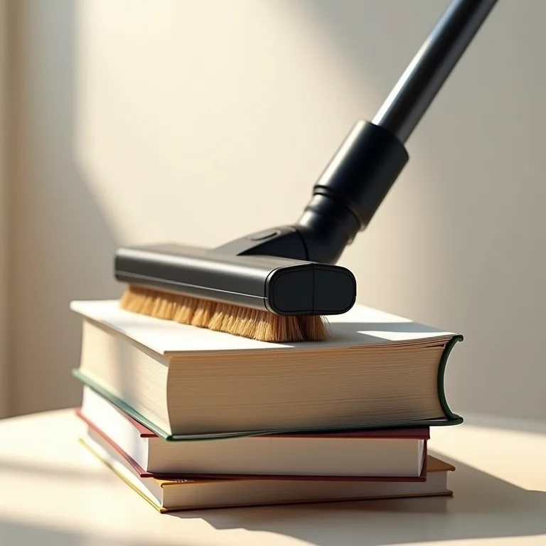 Aspirador de pó com bocal escova limpando livros.