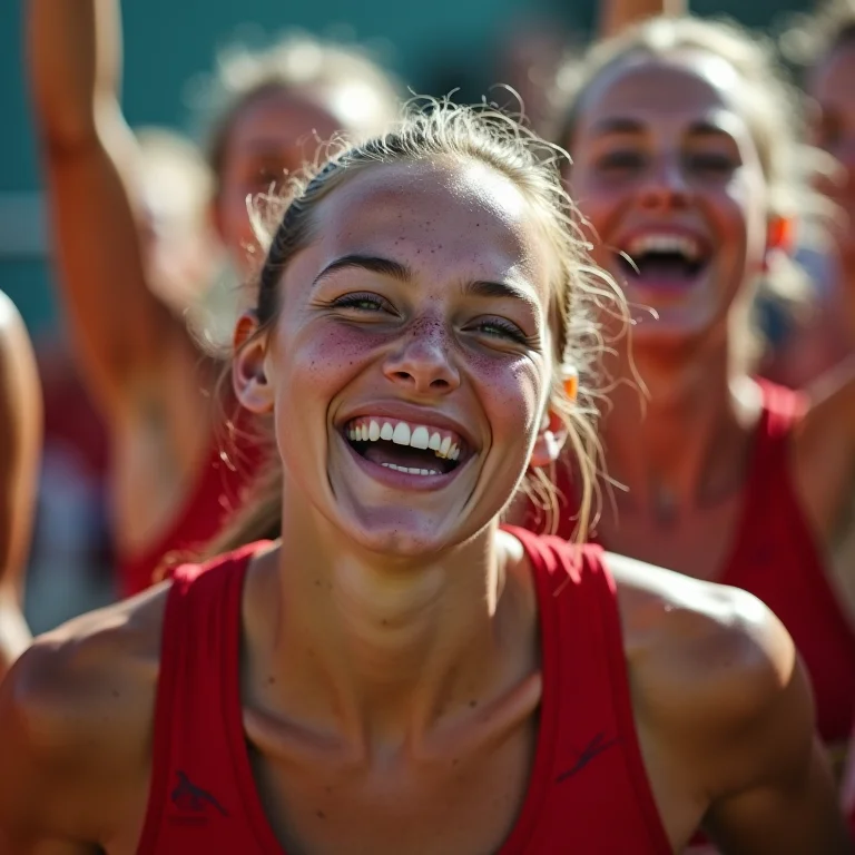 Atleta branca com sardas celebrando com a equipe