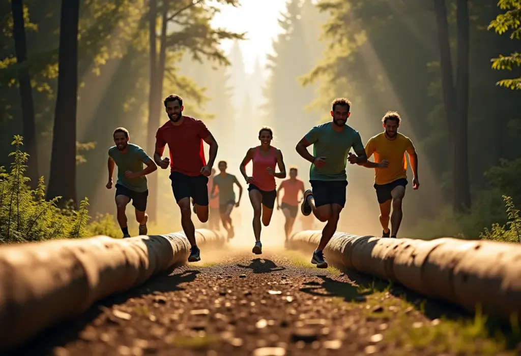 Atletas diversos correndo com toras em floresta