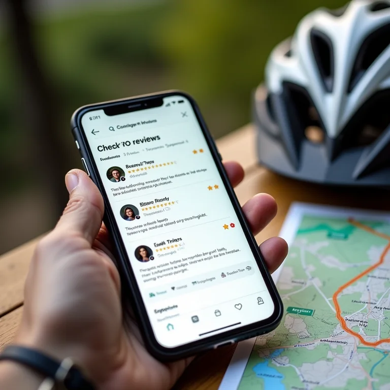 Avaliações online de locadora de bicicletas em um smartphone