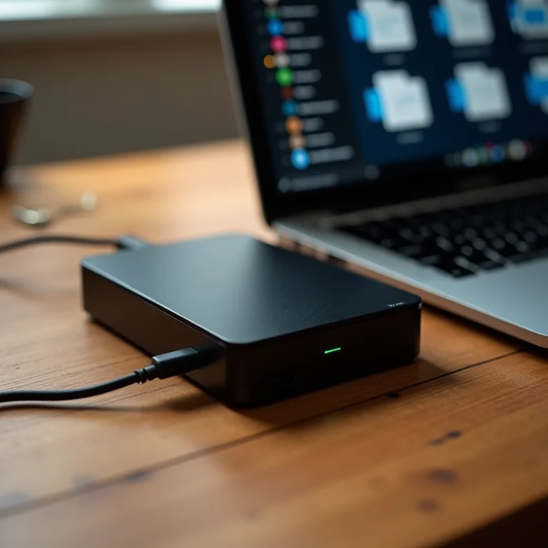 Backup local de arquivos em um HD externo conectado a um laptop.