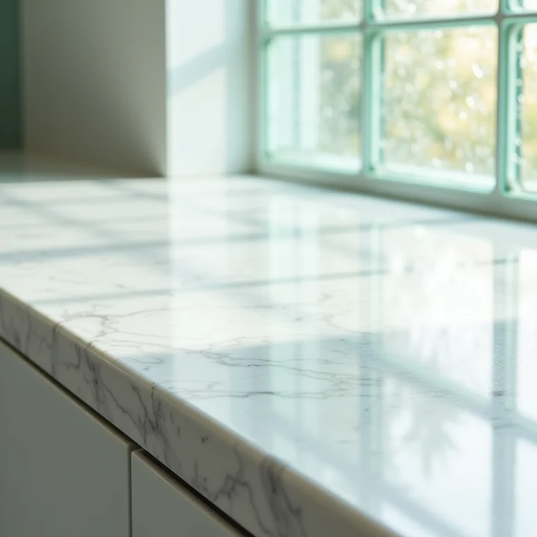 Balcão de tijolos de vidro com acabamento impecável.