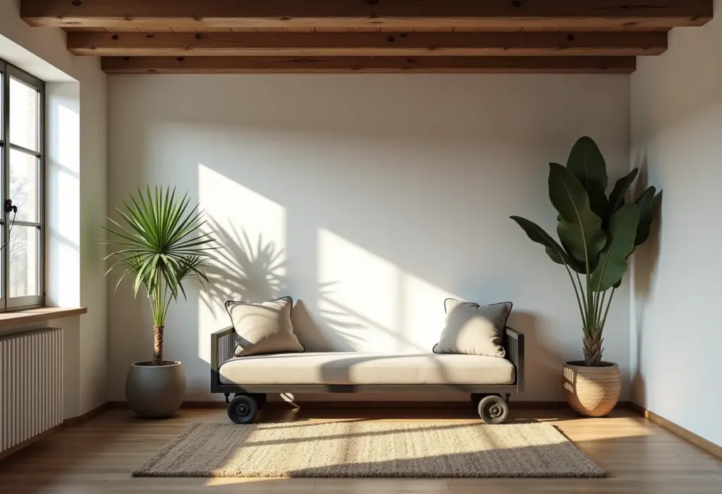 Banco feito com mola de caminhão em uma sala de estar moderna