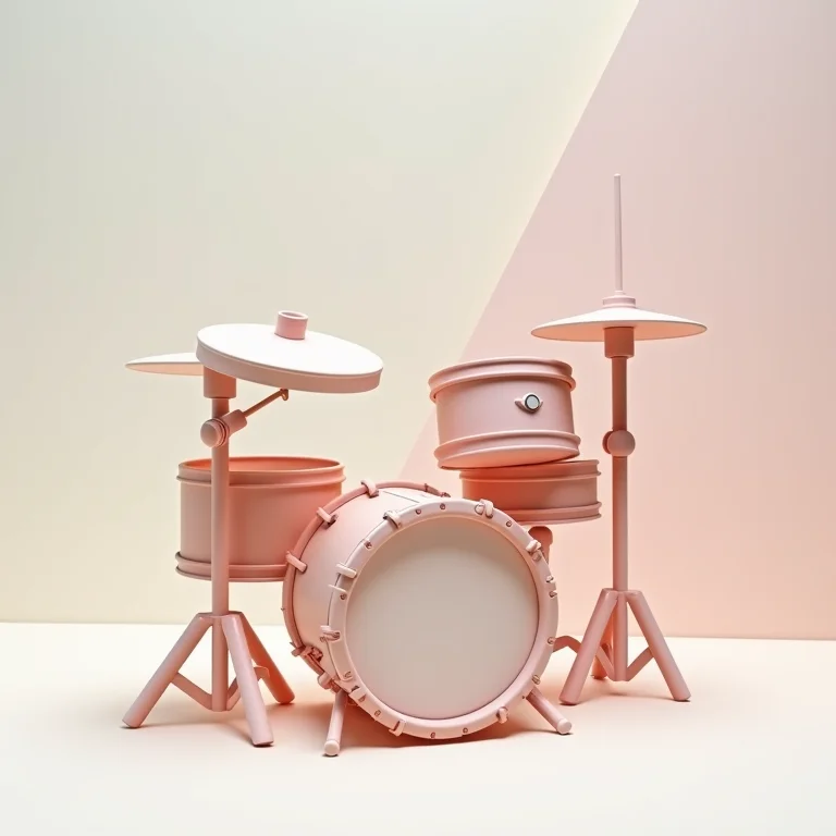 Bateria transformada em escultura moderna em ambiente minimalista