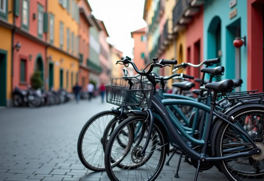 Bicicletas coloridas alinhadas em praça turística