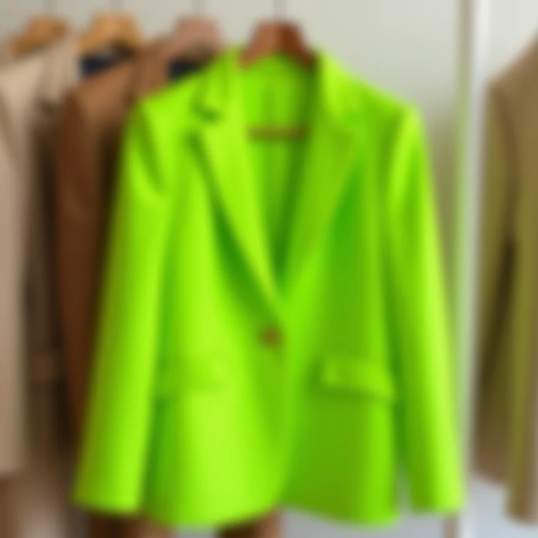 Blazer neon verde pendurado em um cabideiro minimalista