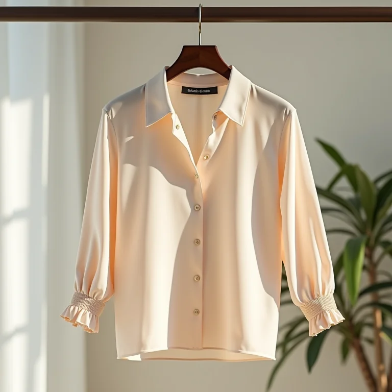 Blusa de seda pendurada em cabide de veludo.