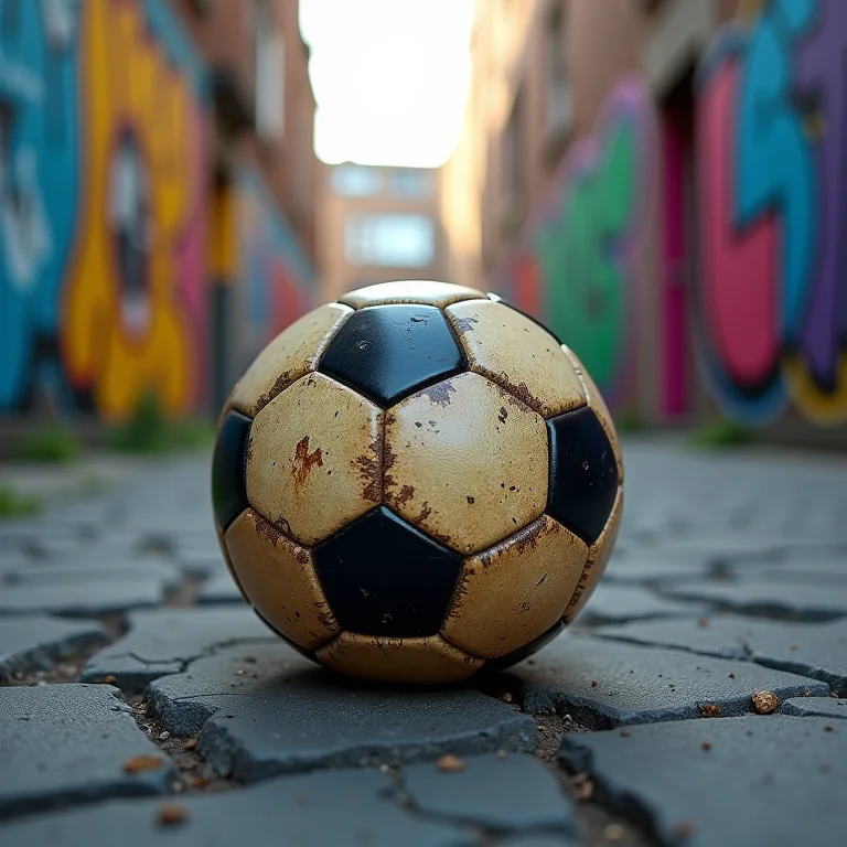 Bola de futebol desgastada em asfalto rachado, arte de rua colorida ao fundo.