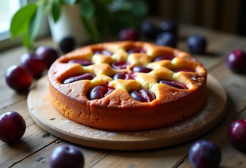Bolo de ameixa fresco com ameixas ao redor