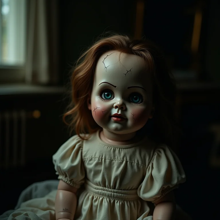 Boneca de porcelana com rosto rachado em um quarto vintage, aludindo à atmosfera perturbadora de 'Terrifier 2'.