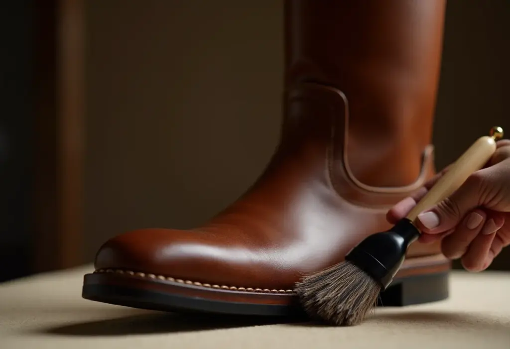 Bota de couro de canguru sendo limpa com escova macia